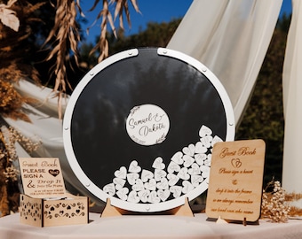 Black Round Wedding Guest Book Drop Box Personalized Circle Alternative Guestbook with Hearts Reception-Decor