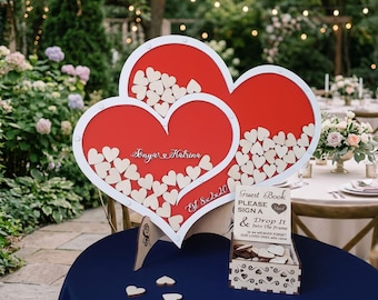 Red Double Heart Wedding Guest Book Personalized Rustic Alternative Drop Box Keepsake Sign In