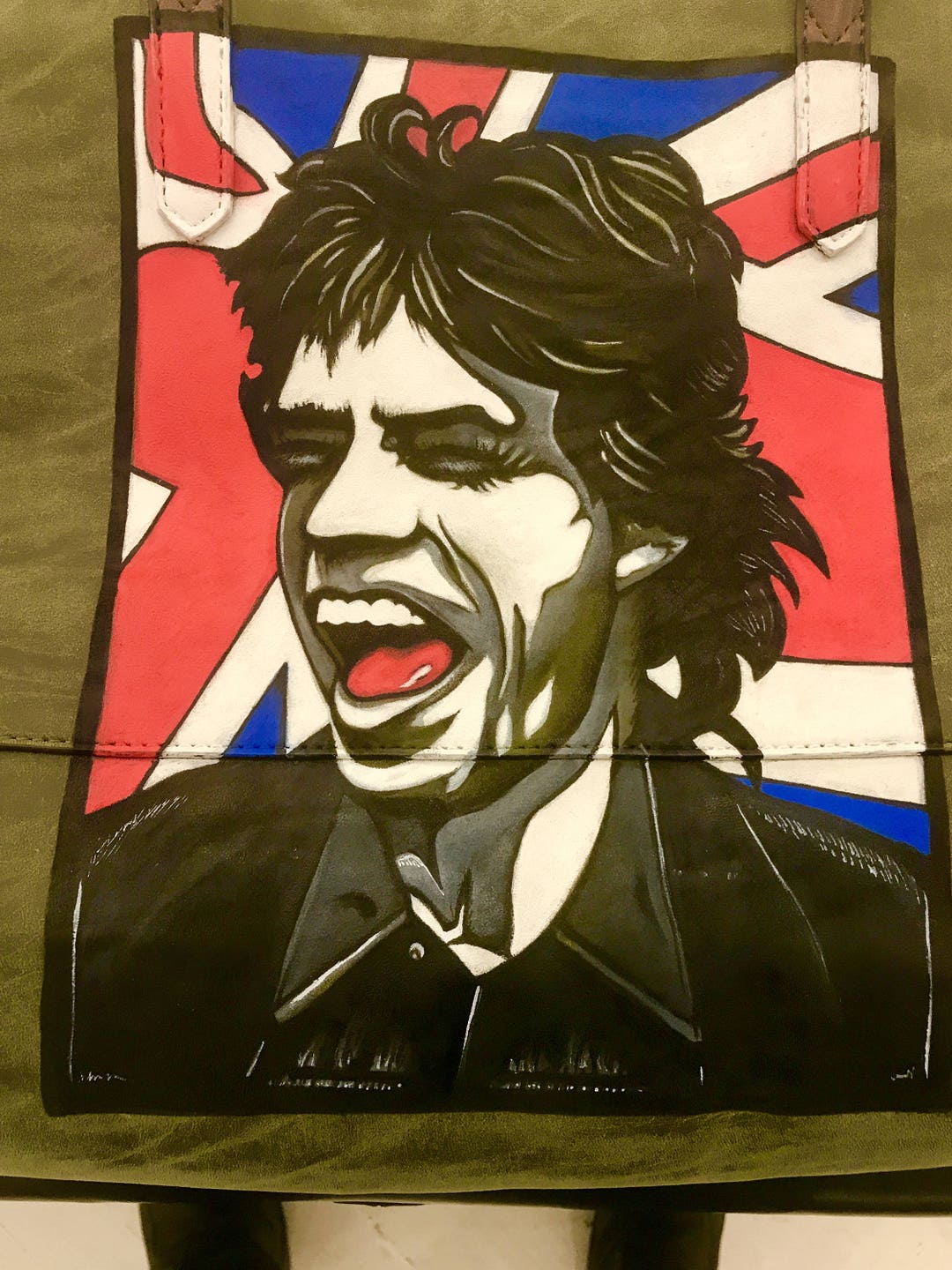 Mick Jagger Rolling Stones Tote Bag, Hand Painted, Vegan Leather, Pop