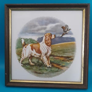 May include: A framed print depicting a brown and white dog in a field, watching a bird take flight. The artwork has a vintage style, with a dark brown frame and a gold inner border. The background shows a cloudy sky and grassy landscape.