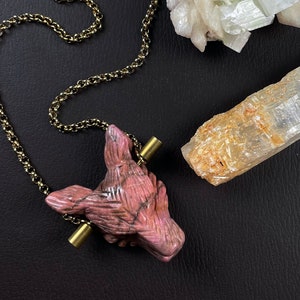 Lycaon/// Rhodonite Wolf Necklace, Gold Statement Necklace, Gemstone Animal Necklace (EPJ-D19WCA10-RD)