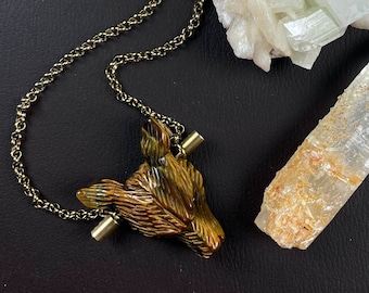 Lycaon/// Tiger Eye Wolf Necklace, Gold Statement Necklace, Gemstone Animal Necklace (EPJ-D19WCA10-TE)