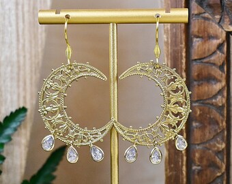 Gold Moon Chandelier Earrings: Brass Filigree with CZ Crystals