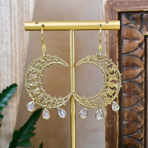 Divine Celestial Moon Chandelier Earrings, Gold Moon Chandelier Earrings, Brass Moon Drop Earrings (EPJ-E21B11)