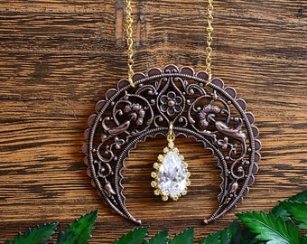 Oxidized Copper Crescent Moon Necklace: Floral Celestial Crystal Pendant