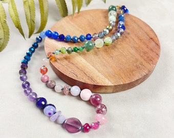 Mosaic/// Ombre Gemstone Crystal Confetti Hand Knotted Beaded Necklace (DEJ-BBCB10-14)