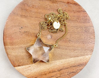 Clear Quartz Stellae/// Gold Faceted Quartz Star Gemstone Necklace (EPJ-NOD10-CQ)