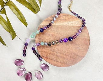 Dream/// Purple Fluorite Gemstone Crystal Confetti Hand Knotted Beaded Necklace (DEJ-BBCA17)