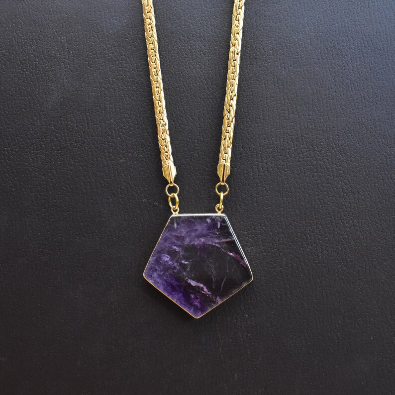 Eurytus Gold Plated Amethyst Pentagon Woven Flat Chain Statement Necklace DEJ-N19NWA10