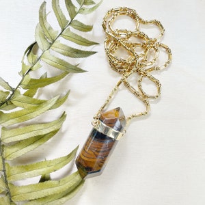 Dysia/// Gold Tiger Eye Cylinder Statement Necklace (DEJ-N24A16-TE)