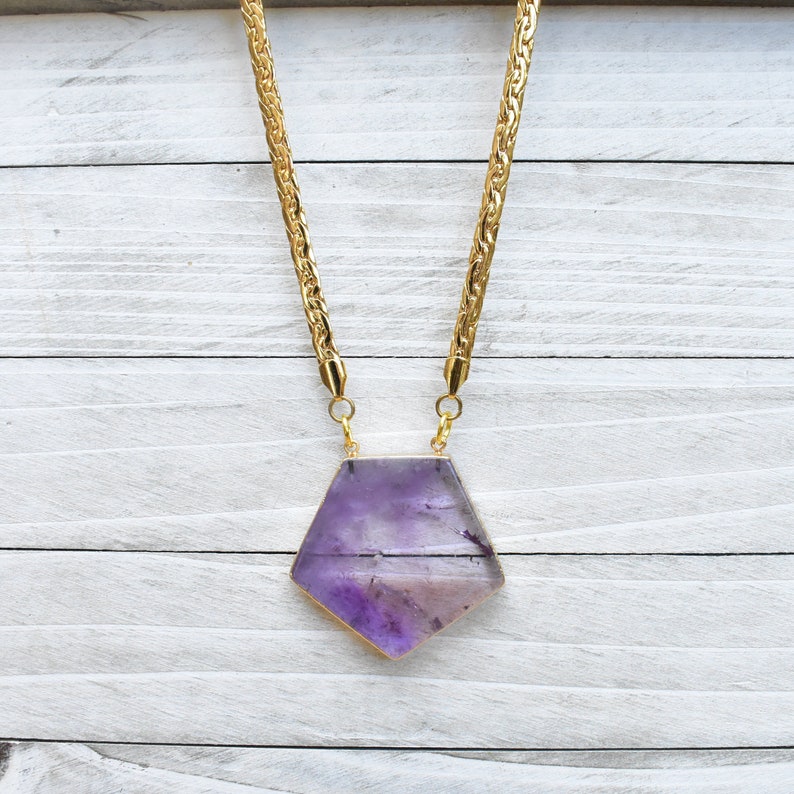 Eurytus Gold Plated Amethyst Pentagon Woven Flat Chain Statement Necklace DEJ-N19NWA10