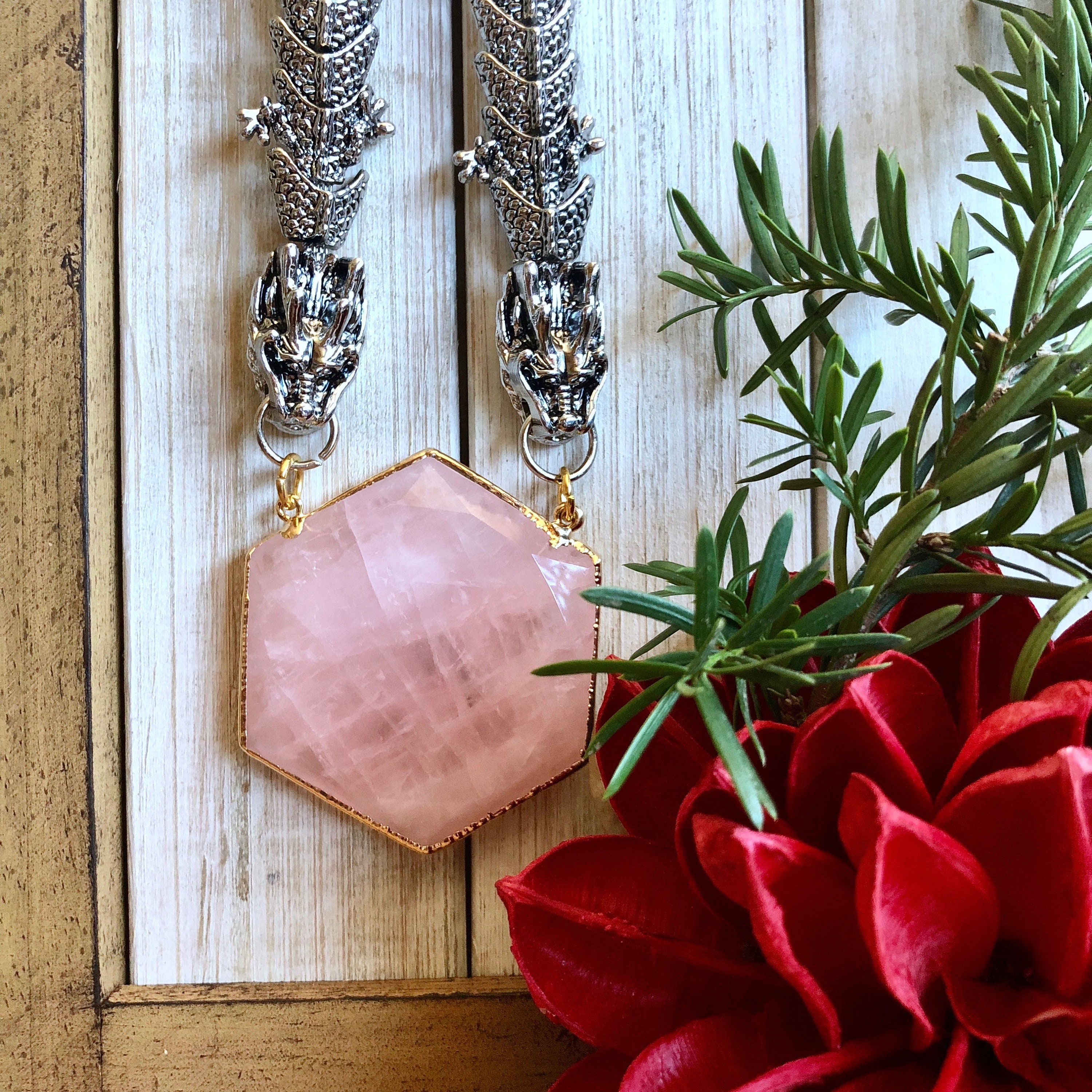 Collana Uomo Donna Drago Celestia Con Cristalli E Pietre | Quarzo Rosa Turchese Malachite - 3