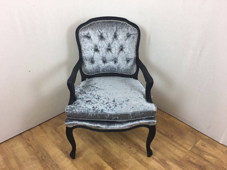 Louis Style Steel Grey Crushed Velvet Vintage Bedroom Chair
