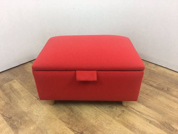 Small Red Linen Footstool Storage Box Pouffe