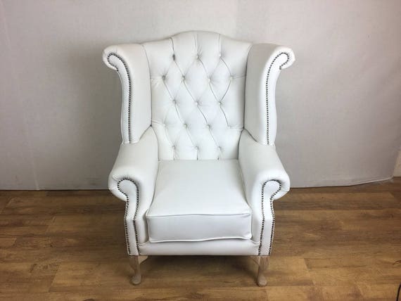 White Faux Leather Queen Anne Wing Chair Etsy