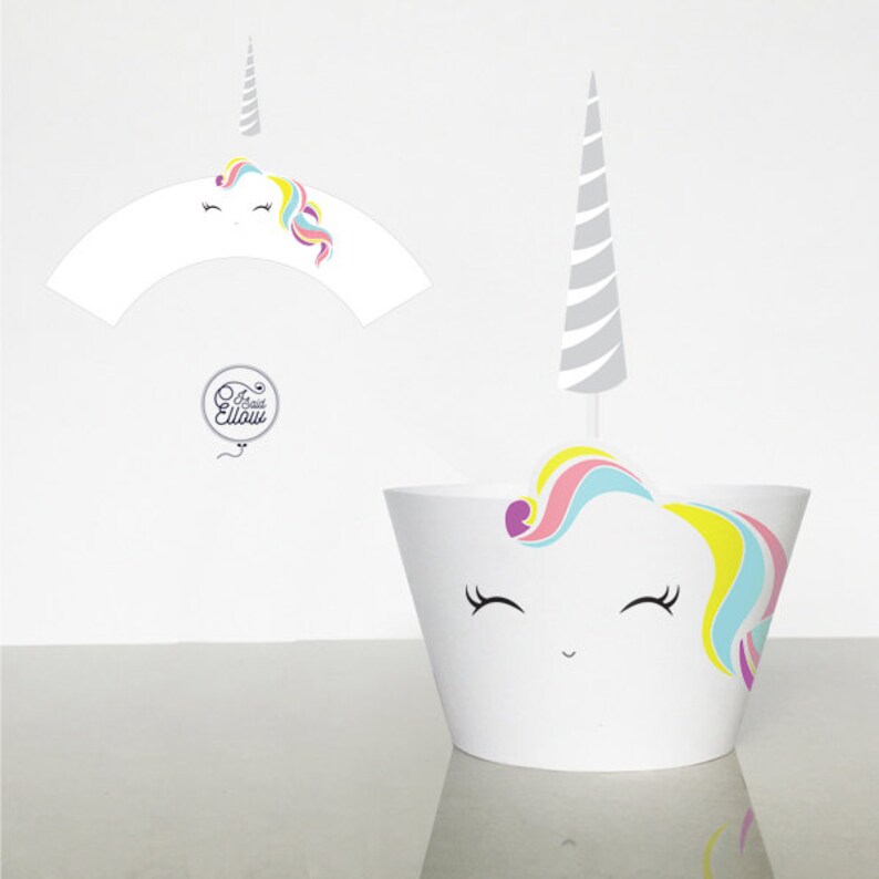 Unicorn Cupcake Wrapper and Topper Light image 1