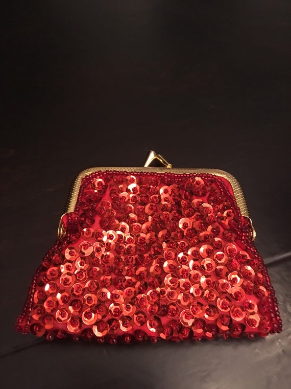 Red Sequin Coin Pouch, Tiny Money Purse, Goldtone 