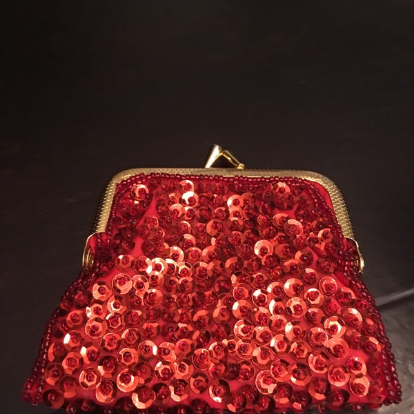 Red Sequin Coin Pouch, Tiny Money Purse, Goldtone Metal Frame