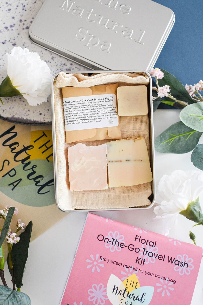 Floral Zero Waste Travel Kit, Travel Tin Gift Set with 1 Shampoo Bar, 1 Conditioner Bar Rose, and 2 Soap Bars Verbena & Wildflower Wisp image 4
