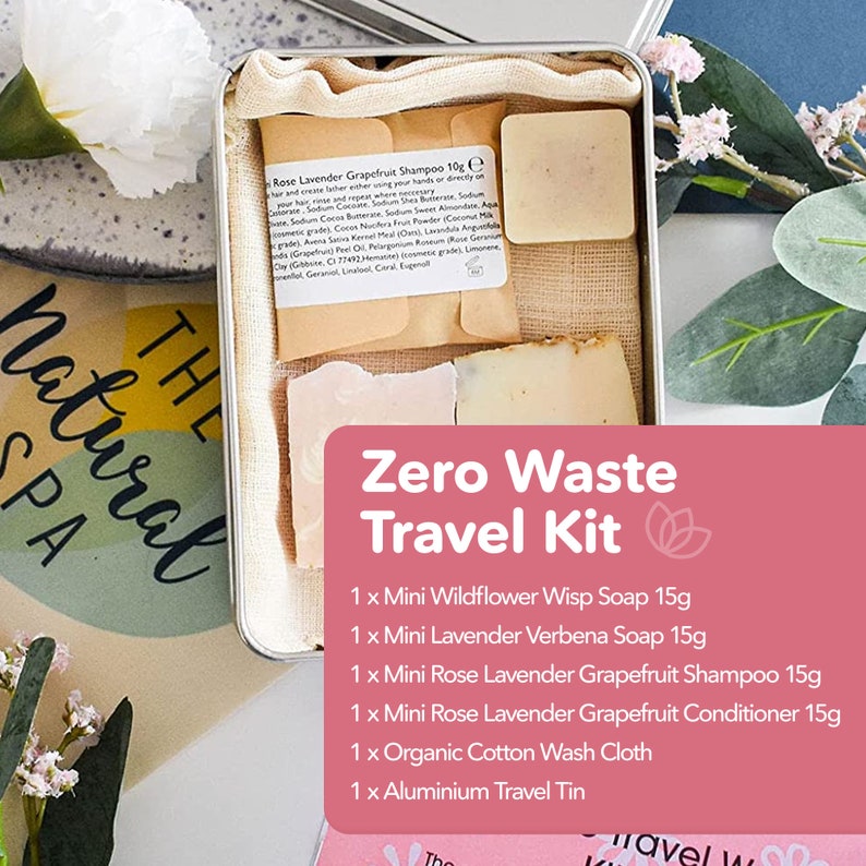 Floral Zero Waste Travel Kit, Travel Tin Gift Set with 1 Shampoo Bar, 1 Conditioner Bar Rose, and 2 Soap Bars Verbena & Wildflower Wisp image 2