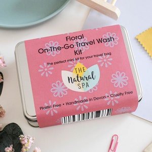 Floral Zero Waste Travel Kit, Travel Tin Gift Set with 1 Shampoo Bar, 1 Conditioner Bar Rose, and 2 Soap Bars Verbena & Wildflower Wisp image 1