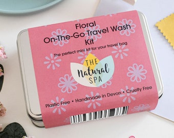 Floral Zero Waste Travel Kit, Travel Tin Gift Set with 1 Shampoo Bar, 1 Conditioner Bar (Rose), and 2 Soap Bars ( Verbena & Wildflower Wisp)