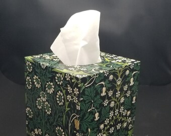 Handmade Decoupage William Morris Tissue Box Holder Cover Mother's Day Gift Bathroom Decor Birthday Office Floral Art Nouveau Green Cube