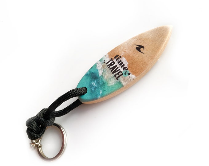 Surfboard Keyring - Time To Travel | Curved like a Surfboard | Handmade | |Beechh Wood | UV Print