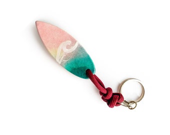 Portachiavi tavola da surf - WAVE Rosa / Curvo come una tavola da surf / Fatto a mano / Stampa UV / Legno di faggio