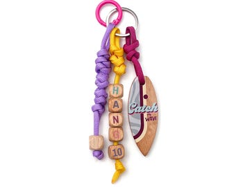 Portachiavi da surf / Hang10 – Portachiavi in legno a forma di tavola da surf, regalo da spiaggia, ciondolo per borsa, regalo per gli amanti dell'oceano, accessorio fatto a mano