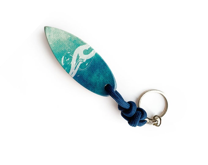 Surfboard Keyring - WAVE Blue | Curved like a Surfboard | Handmade | UV Print | Beech Wood