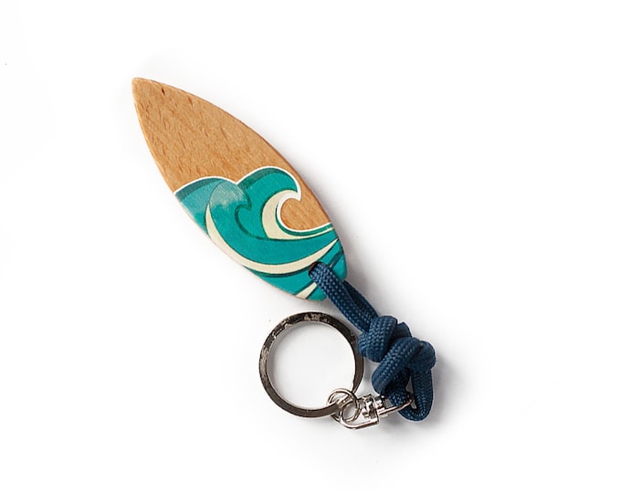 Surfboard Keyring - WAVE | Curved like a Surfboard | Handmade | UV Print | Beech Wood