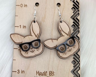 Bunny Head with Glasses Dangle Earrings, Bunny Earrings, Easter Dangle Earrings, Bunny Head Earrings