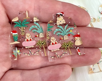 Beach Christmas Printed Acrylic Earring NO HARDWARE BLANKS Only, Cute Beach Laser Cut Christmas Earring Blanks