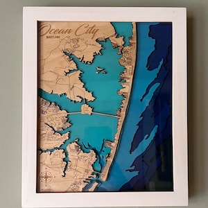 Meerlaagse topografische Ocean City, Maryland kaart in frame, 3D-kaart van Ocean City, Maryland, Ocean City Gift, Assateague Island kaart