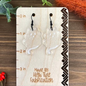 Cat Ghost Halloween Earrings, Dangle Ghost Cat Earrings, Laser Cut Ghost Cat Earrings