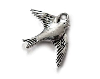 Swallow Charms, Flying Swallow Bird Charms, Silver Tone Metal Charms, Swallow Charm, Bird Charm - Pack of Ten