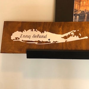 Houten bord Long Island/staat met locatie hart en staatsnaam met uitgesneden symbool (aanpasbaar)