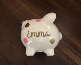 Personalized Ceramic Piggy Bank (Name, Initial, Baby+Last Name, and Polka Dot Options)