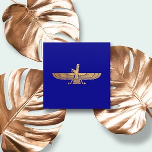 Farvahar-Persian Wall Art, Ahura Mazda, Oriental/Zoroastrian Art, Persepolis, Blue and Gold, Good Talks, Good Thoughts, Good Deeds,فروهر