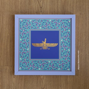 Farvahar-Persian Wall Art, Ahura Mazda, Oriental/Zoroastrian Art, Persepolis, Blue and Gold, Good Talks, Good Thoughts, Good Deeds,فروهر