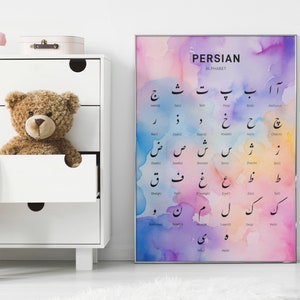 Arte de parede do alfabeto persa, fundo aquarela, impressão artística de letras farsi/presente, sala infantil/arte de pôster de sala de aula - caligrafia#14/ الفبای فارسی