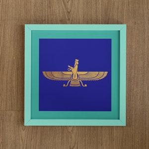Farvahar-Persian Wall Art, Ahura Mazda, Oriental/Zoroastrian Art, Persepolis, Blue and Gold, Good Talks, Good Thoughts, Good Deeds,فروهر