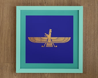 May include: A framed print of a gold Faravahar symbol on a blue background. The Faravahar is a winged symbol of Zoroastrianism, often depicted with a human figure holding a ring.