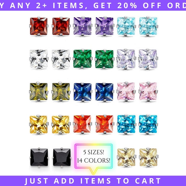 Square CZ Birthstone Stud Earrings, 3/4/5/6/7/8mm, Hypoallergenic Stainless Steel, Ruby Garnet Amethyst Diamond Emerald Sapphire Onyx Topaz