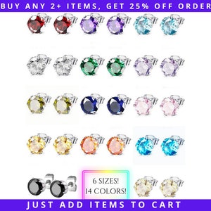 May include: Assortment of 14 colors of round stud earrings with silver settings.  The earrings are displayed in rows of two.  "BUY ANY 2+ ITEMS, GET 25% OFF ORDER" and "6 SIZES! 14 COLORS! JUST ADD ITEMS TO CART" are written in the image.