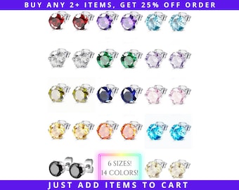 CZ Birthstone Stud Earrings, 3/4/5/6/7/8mm, Hypoallergenic Stainless Steel Nickel-Free 316L, Amethyst Diamond Emerald Sapphire Onyx Topaz