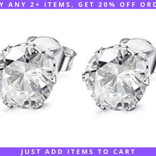 CZ Diamond Stud Earrings, 3/4/5/6/7/8mm April Birthstone, Hypoallergenic Stainless Steel Nickel-Free 316L Surgical Push Back Butterfly Posts