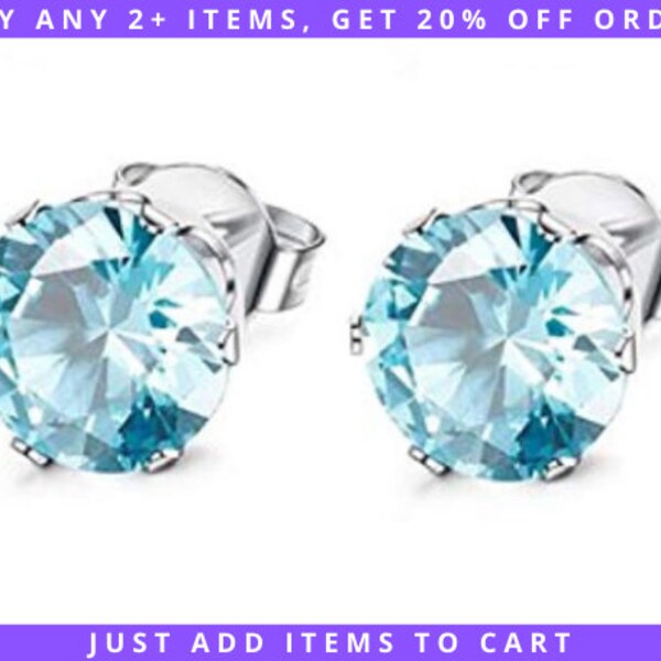 CZ Aquamarine Stud Earrings, 3/4/5/6/8mm March Birthstone, Hypoallergenic Stainless Steel Nickel-Free 316L, Push Back Butterfly Posts Blue