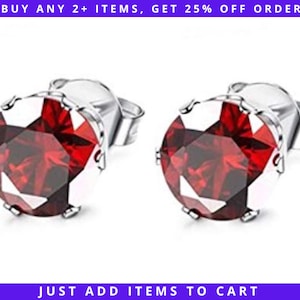 CZ Ruby Stud Earrings, 3/4/5/6/7/8mm July Birthstone, Hypoallergenic Stainless Steel Nickel-Free 316L, Push Back Butterfly Posts Red Garnet